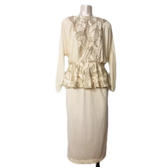 Vintage Dresses | 80's Vintage Batwing Peplum Disco Dress Beaded Caviar Rhinestones | Color: Cream/Gold | Size: S | Ahlalavie's Closet